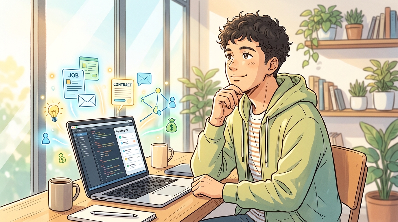 自宅のワークスペースでノートPCを開き、笑顔で仕事や案件獲得について考えているフリーランスエンジニアのイメージ