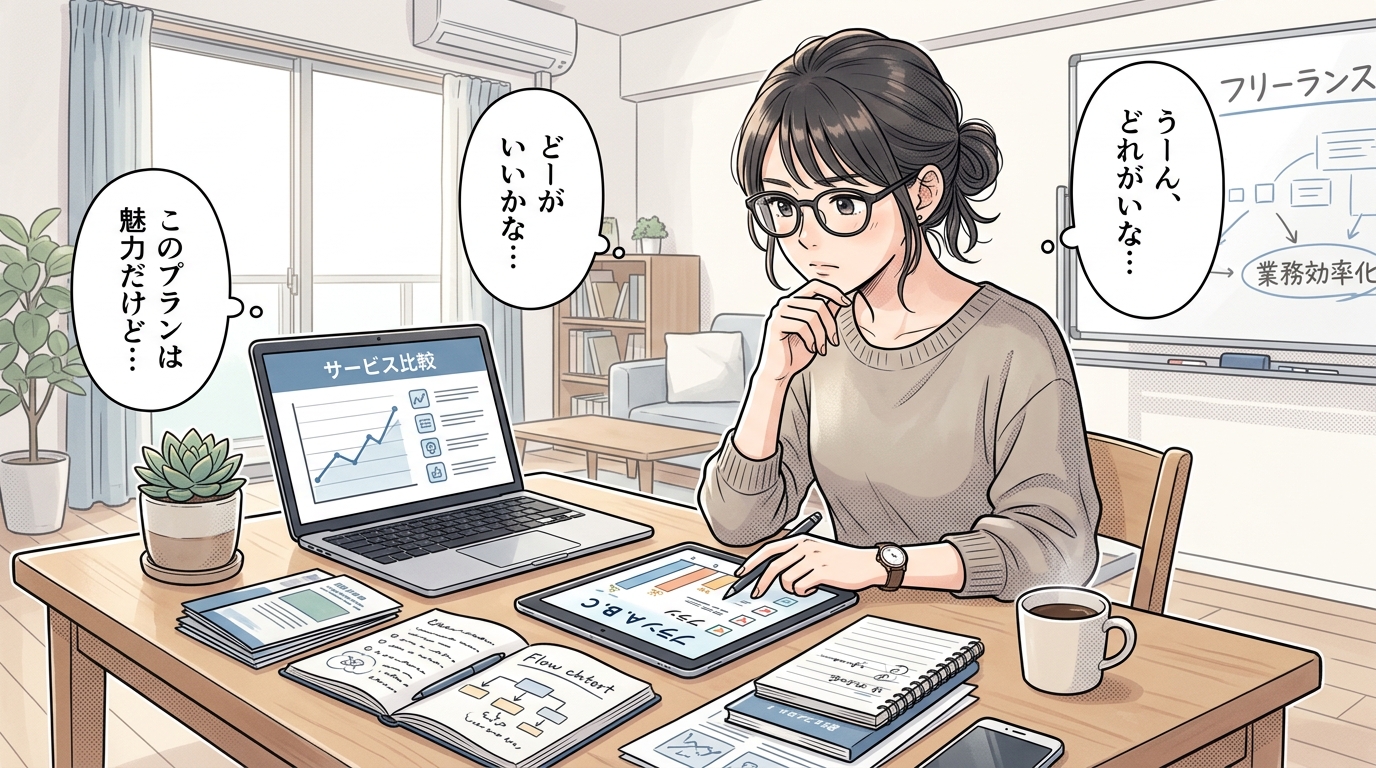 複数のフリーランス向けエージェントやサービスプランの比較表（Plan A, B, C）を見ながら悩む女性のイラスト