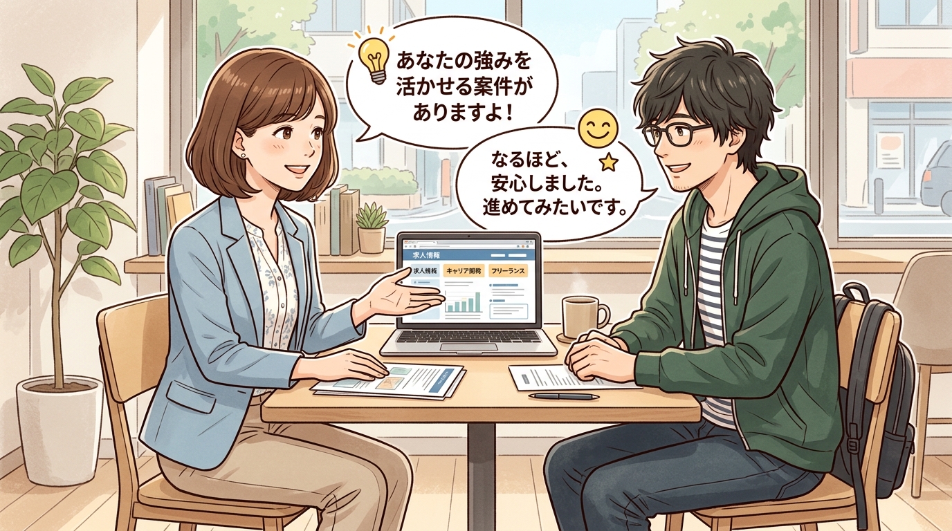キャリアコンサルタントから自分に合ったフリーランスの非公開求人や案件提案を受ける男性エンジニア