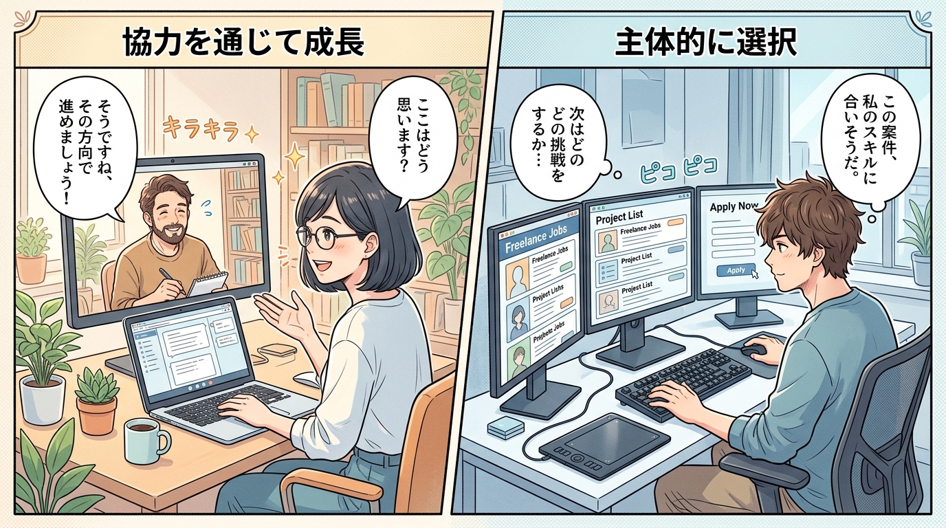 オンライン会議で担当者に相談している女性フリーランスと、自分に合う案件を主体的に選択している男性エンジニアのイラスト