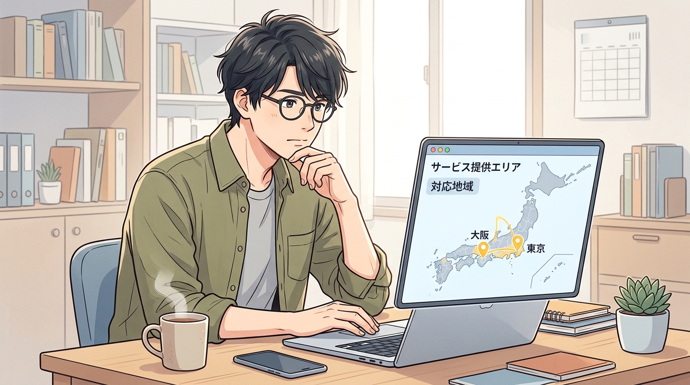 対応エリアが首都圏と大阪中心であることを日本地図で確認している眼鏡の男性エンジニア