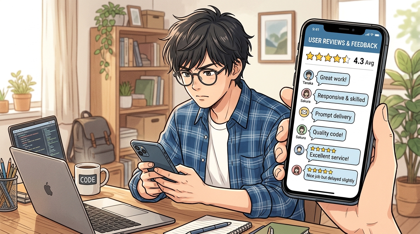 スマホでポテパンフリーランスの口コミやユーザーのリアルな評価・評判を確認している様子