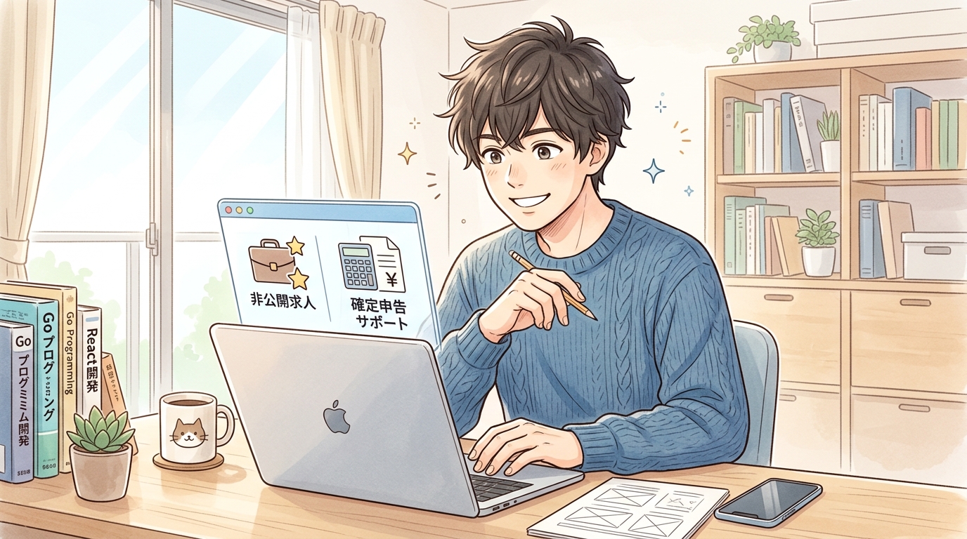 ノートPCでポテパンフリーランスの非公開案件や確定申告・税理士サポートの内容を確認するエンジニア